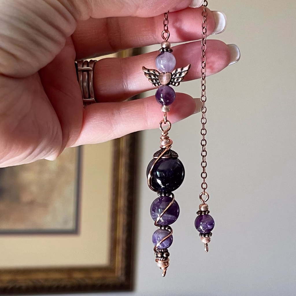 New Amethyst Dowsing Pendulum with Angel Wings: Chakra Energy Healing Crystal (10 Inch)