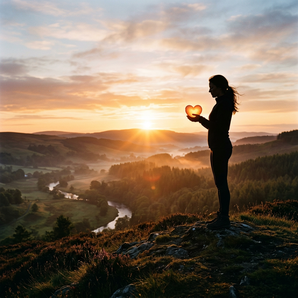 Silhouette of a woman holding a glowing heart against a sunset over a river valley.